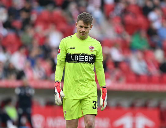 Fussball I Herren I Saison 2025-2026 I Bundesliga I 25. Spieltag I 1. FSV Mainz 05 - VFB Stuttgart I 07.03.2026 Alexander Nübel (33, VFB Stuttgart) nach dem 2:2 Gegentreffer Mainz MEWA Arena Rheinland-Pfalz Deutschland Copyright: xLobeca MaraxWolfx