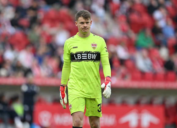 Fussball I Herren I Saison 2025-2026 I Bundesliga I 25. Spieltag I 1. FSV Mainz 05 - VFB Stuttgart I 07.03.2026 Alexander Nübel (33, VFB Stuttgart) nach dem 2:2 Gegentreffer Mainz MEWA Arena Rheinland-Pfalz Deutschland Copyright: xLobeca MaraxWolfx