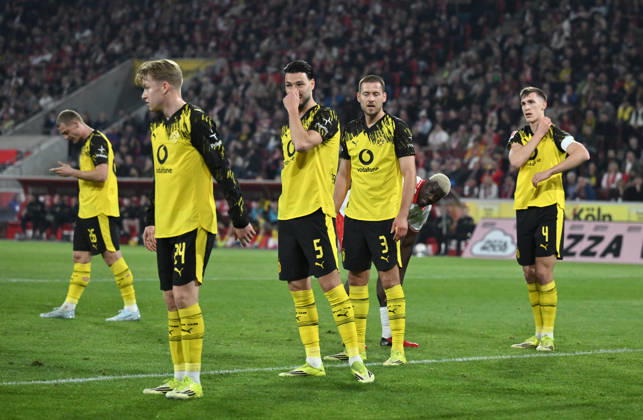 Nico Schlotterbeck (Borussia Dortmund), Waldemar Anton (Borussia Dortmund), Ramy Bensebaini (Borussia Dortmund), Daniel Svensson (Borussia Dortmund), Julian Ryerson (Borussia Dortmund), v.re. 07.03.2026, Fussball 1. Bundesliga, Saison 2025 2026, 25. Spieltag, 1. FC Köln - Borussia Dortmund 1:2 DFL regulations prohibit any use of photographs as image sequences and or quasi-video Koeln RheinEnergieStadion Nordrhein Westfalen Deutschland