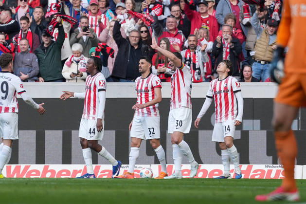 Torjubel, Emotionen, Torschuss, Abschluss, Torerfolg, Tor, Treffer, Johan Manzambi (SC Freiburg, 44), Vincenzo Grifo (SC Freiburg, 32), Christian Günter Christian Guenter (SC Freiburg, 30), Yuito Suzuki (SC Freiburg, 14) , Deutschland, Fussball, 1. Bundesliga, 25.Spieltag, 2025 2026, SC Freiburg vs. Bayer 04 Leverkusen, 07.03.2026, Europa-Park Stadion, Freiburg, Deutschland DFL REGULATIONS PROHIBIT ANY USE OF PHOTOGRAPHS AS IMAGE SEQUENCES AND OR QUASI-VIDEO. Freiburg Europa-Park Stadion Baden-Württemberg Deutschland Copyright: xArnexAmbergx