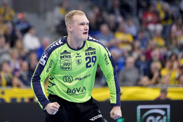 David Späth (Torwart, RNL, 29), Spieler der Rhein-Neckar-Löwen, Einzelbild, Einzelfoto, Aktion, Action, Jubel, jubeln, jubelt, celebration, Freude, freuen, freut sich, zuversichtlich, optimistisch, positiv, Spielszene, 08.03.2026, Mannheim (Deutschland), Handball, Bundesliga, Rhein-Neckar Löwen - Bergischer HC