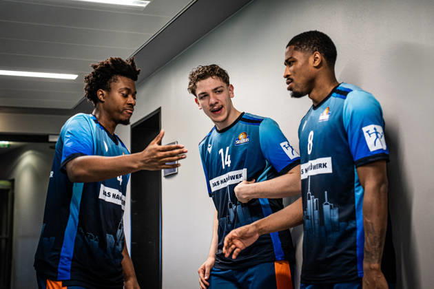 08.03.2026, xhfmx, Basketball easyCredit BBL Bundesliga, Frankfurt Skyliners - Bamberg Baskets v.l. Nahiem Alleyne (Skyliners Frankfurt), Ivan Crnjac (Skyliners Frankfurt), William Christmas (Skyliners Frankfurt) (DFL DFB REGULATIONS PROHIBIT ANY USE OF PHOTOGRAPHS as IMAGE SEQUENCES and or QUASI-VIDEO) Frankfurt am Main