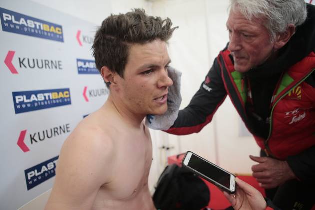 Road cycling, Rad, Radsport, Strasse illustration pictures KUURNE, BELGIUM - FEBRUARY 26 : STUYVEN Jasper (BEL) Rider of TREK - SEGAFREDO talking to the press in the tent during the 69th Kuurne - Brussel - Kuurne cycling race with start and finish in Kuurne on February 26, 2017 in Kuurne, Belgium, 26 02 17 Kuurne Belgium Copyright: xJanxDexMeuleneirx