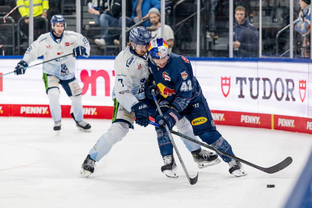 Kampf um den Puck Zweikampf zwischen Nicolas Beaudin (Straubing Tigers, 7) und Yasin Ehliz (EHC Red Bull Muenchen, 42) GER, EHC Red Bull Muenchen vs. Straubing Tigers, Eishockey, DEL, 51. Spieltag, Saison 2025 2026, 13.03.2026. GER, EHC Red Bull Muenchen vs. Straubing Tigers, Eishockey, DEL, 51. Spieltag, Saison 2025 2026, 13.03.2026. Muenchen Copyright: xEibner-Pressefoto FranzxFeinerx EP_HFR
