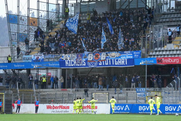 Torjubel, Emotionen, Torschuss, Abschluss, Torerfolg, Treffer vor dem Gästeblock, Fans, Ultras , Deutschland, Fussball, Regionalliga Südwest, 24.Spieltag, 2025 2026, SC Freiburg II vs. SV Stuttgarter Kickers, 14.03.2026, Dreisamstadion, Freiburg, Deutschland DFB REGULATIONS PROHIBIT ANY USE OF PHOTOGRAPHS AS IMAGE SEQUENCES AND OR QUASI-VIDEO. Freiburg Dreisamstadion Baden-Wuerttemberg Deutschland Copyright: xArnexAmbergx