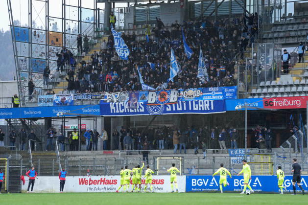 Torjubel, Emotionen, Torschuss, Abschluss, Torerfolg, Treffer vor dem Gästeblock, Fans, Ultras , Deutschland, Fussball, Regionalliga Südwest, 24.Spieltag, 2025 2026, SC Freiburg II vs. SV Stuttgarter Kickers, 14.03.2026, Dreisamstadion, Freiburg, Deutschland DFB REGULATIONS PROHIBIT ANY USE OF PHOTOGRAPHS AS IMAGE SEQUENCES AND OR QUASI-VIDEO. Freiburg Dreisamstadion Baden-Wuerttemberg Deutschland Copyright: xArnexAmbergx