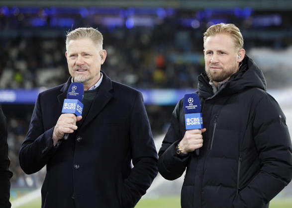 Manchester City FC v Real Madrid CF - UEFA Champions League 2025 26 Round of 16 Second Leg Peter Schmeichel & Kasper Schmeichel working for CBS sports pitchside before the UEFA Champions League 2025 26 Round of 16 Second Leg match between Manchester City FC and Real Madrid CF at City of Manchester Stadium on March 17, 2026 in Manchester, England. WARNING! This Photograph May Only Be Used For Newspaper And Or Magazine Editorial Purposes. May Not Be Used For Publications Involving 1 player, 1 Club Or 1 Competition Without Written Authorisation From Football DataCo Ltd. For Any Queries, Please Contact Football DataCo Ltd on +44 (0) 207 864 9121 Manchester City of Manchester Stadium England United Kingdom Copyright: xAllstarxPicturexLibraryxLtdx