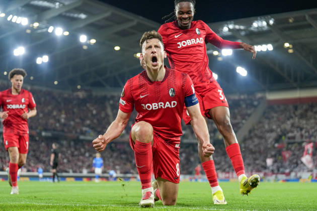 Maximilian Eggestein (SC Freiburg, 08) Torjubel, Emotionen, Torschuss, Abschluss, Torerfolg, Tor, Treffer , Deutschland, Fussball, UEFA Europa League, Achtelfinale, Rückspiel, 2025 2026, SC Freiburg vs. KRC Genk, 19.03.2026, Europa-Park Stadion, Freiburg, Deutschland Freiburg Europa-Park Stadion Baden-Württemberg Deutschland Copyright: xArnexAmbergx