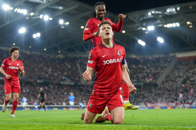 Maximilian Eggestein (SC Freiburg, 08) Torjubel, Emotionen, Torschuss, Abschluss, Torerfolg, Tor, Treffer , Deutschland, Fussball, UEFA Europa League, Achtelfinale, Rückspiel, 2025 2026, SC Freiburg vs. KRC Genk, 19.03.2026, Europa-Park Stadion, Freiburg, Deutschland Freiburg Europa-Park Stadion Baden-Württemberg Deutschland Copyright: xArnexAmbergx