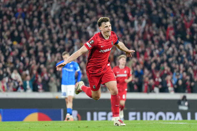 Maximilian Eggestein (SC Freiburg, 08) Torjubel, Emotionen, Torschuss, Abschluss, Torerfolg, Tor, Treffer , Deutschland, Fussball, UEFA Europa League, Achtelfinale, Rückspiel, 2025 2026, SC Freiburg vs. KRC Genk, 19.03.2026, Europa-Park Stadion, Freiburg, Deutschland Freiburg Europa-Park Stadion Baden-Württemberg Deutschland Copyright: xArnexAmbergx