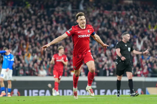 Maximilian Eggestein (SC Freiburg, 08) Torjubel, Emotionen, Torschuss, Abschluss, Torerfolg, Tor, Treffer , Deutschland, Fussball, UEFA Europa League, Achtelfinale, Rückspiel, 2025 2026, SC Freiburg vs. KRC Genk, 19.03.2026, Europa-Park Stadion, Freiburg, Deutschland Freiburg Europa-Park Stadion Baden-Württemberg Deutschland Copyright: xArnexAmbergx