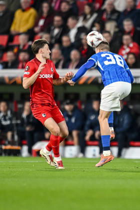 Maximilian Eggestein (SC Freiburg) and Daan Heymans (KRC Genk) battle for the ball during the UEFA Europa League 2025 26 Round of 16 Second Leg match between SC Freiburg and KRC Genk at Stadion am Wolfswinkel on March 19, 2026 in Freiburg im Breisgau, Germany. (Photo by Harry Langer DeFodi Images) -