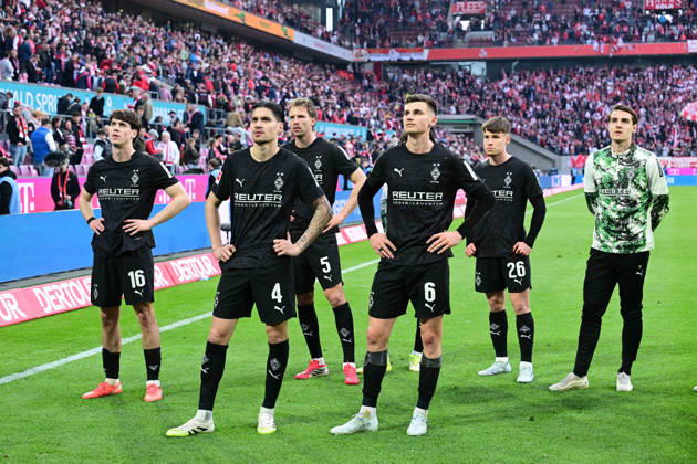 21.03.2026; Koeln; Fussball, Herren, Saison 2025 2026, 1. FC Koeln vs. Borussia Moenchengladbach Die Gladbacher sind nach Spielende enttaeuscht, dass die den Derbysieg nicht nach Hause gebracht haben DFL regulations prohibit any use of photographs as image sequences and or quasi-video. Rhein-Energie-Stadion NRW Deutschland