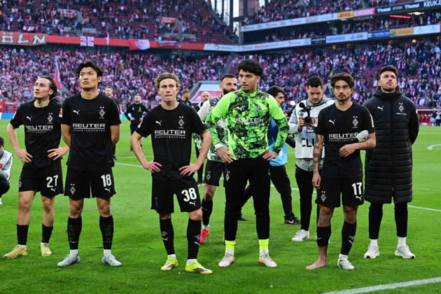 21.03.2026; Koeln; Fussball, Herren, Saison 2025 2026, 1. FC Koeln vs. Borussia Moenchengladbach Die Gladbacher sind nach Spielende enttaeuscht, dass die den Derbysieg nicht nach Hause gebracht haben DFL regulations prohibit any use of photographs as image sequences and or quasi-video. Rhein-Energie-Stadion NRW Deutschland