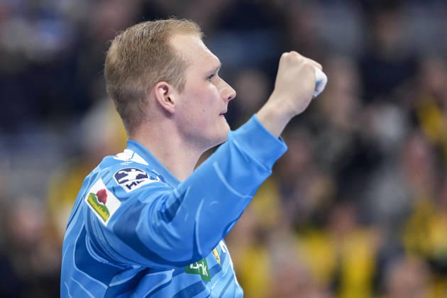 David Späth (Torwart, RNL, 29), Einzelbild, Einzelfoto, Aktion, Action, Jubel, jubeln, jubelt, celebration, Freude, freuen, freut sich, zuversichtlich, optimistisch, positiv, Spielszene, 28.03.2026, Mannheim (Deutschland), Handball, Bundesliga, Rhein-Neckar Löwen - HSG Wetzlar