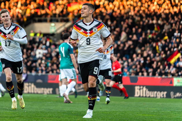 Deutschland: U21, U 21 EM-Qualifikation 2025 2026, Deutschland U21 vs. Nordirland U21, Freitag 27.03.2026, Eintracht Stadion Braunschweig DFB U21 Nationalmannschaft Tor zum 1:0 durch NicolÃ² Tresoldi Elfmeter Jubel Freude Emotionen Torjubel Copyright: xCelinaxLeiersx