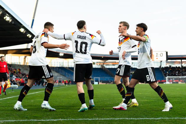Deutschland: U21, U 21 EM-Qualifikation 2025 2026, Deutschland U21 vs. Nordirland U21, Freitag 27.03.2026, Eintracht Stadion Braunschweig DFB U21 Nationalmannschaft Tor zum 1:0 durch NicolÃ² Tresoldi Elfmeter Jubel Freude Emotionen Torjubel Brajan Gruda Anton Kade Tom Bischof Copyright: xCelinaxLeiersx