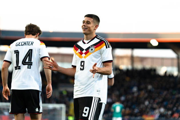 Deutschland: U21, U 21 EM-Qualifikation 2025 2026, Deutschland U21 vs. Nordirland U21, Freitag 27.03.2026, Eintracht Stadion Braunschweig DFB U21 Nationalmannschaft Tor zum 1:0 durch NicolÃ² Tresoldi Elfmeter Jubel Freude Emotionen Torjubel Copyright: xCelinaxLeiersx