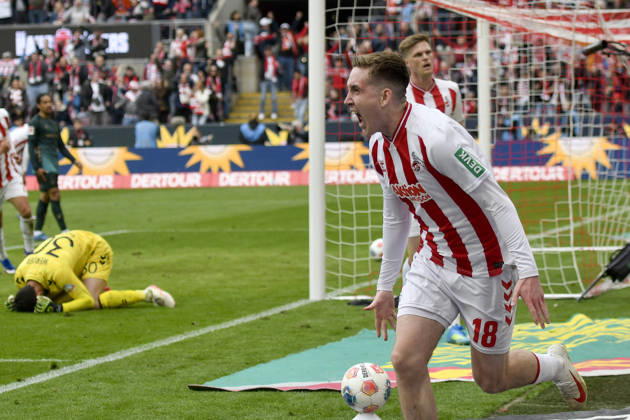 Isak Johannesson (Koeln 18) jubelt nach dem Tor zum 3:1 12.04.2026 ¢ Fussball ¢ 1. FC Koeln vs SV Werder Bremen, Rheinenergiestadion, Koeln, DFB DFL REGULATIONS PROHIBIT ANY USE OF PHOTOGRAPHS AS IMAGE SEQUENCES AND OR QUASI-VIDEO