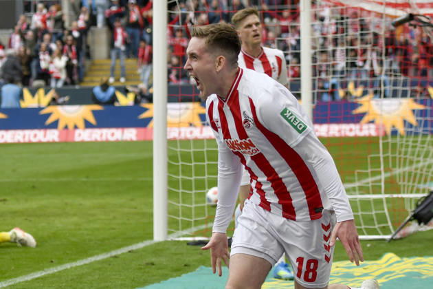 Isak Johannesson (Koeln 18) jubelt nach dem Tor zum 3:1 12.04.2026 ¢ Fussball ¢ 1. FC Koeln vs SV Werder Bremen, Rheinenergiestadion, Koeln, DFB DFL REGULATIONS PROHIBIT ANY USE OF PHOTOGRAPHS AS IMAGE SEQUENCES AND OR QUASI-VIDEO