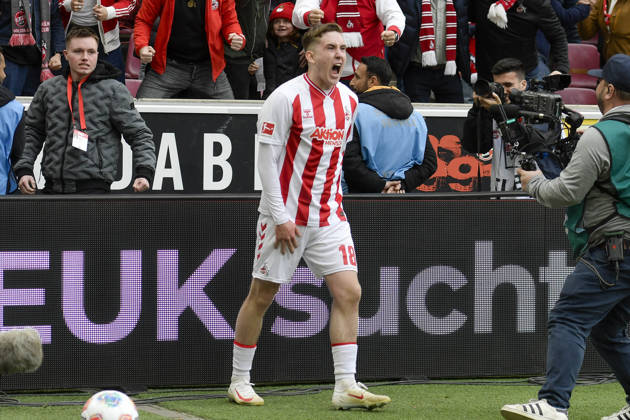 Isak Johannesson (Koeln 18) jubelt nach dem Tor zum 3:1 12.04.2026 ¢ Fussball ¢ 1. FC Koeln vs SV Werder Bremen, Rheinenergiestadion, Koeln, DFB DFL REGULATIONS PROHIBIT ANY USE OF PHOTOGRAPHS AS IMAGE SEQUENCES AND OR QUASI-VIDEO