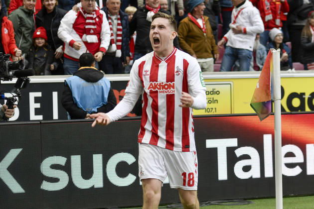 Isak Johannesson (Koeln 18) jubelt nach dem Tor zum 3:1 12.04.2026 ¢ Fussball ¢ 1. FC Koeln vs SV Werder Bremen, Rheinenergiestadion, Koeln, DFB DFL REGULATIONS PROHIBIT ANY USE OF PHOTOGRAPHS AS IMAGE SEQUENCES AND OR QUASI-VIDEO
