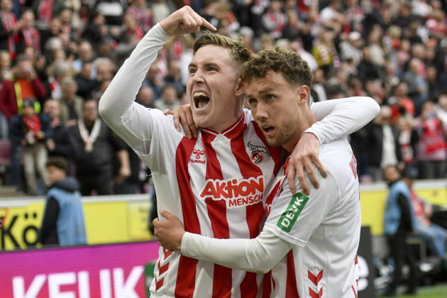 Isak Johannesson (Koeln 18) jubelt nach dem Tor zum 3:1 mit Luca Waldschmidt (Koeln 7) 12.04.2026 ¢ Fussball ¢ 1. FC Koeln vs SV Werder Bremen, Rheinenergiestadion, Koeln, DFB DFL REGULATIONS PROHIBIT ANY USE OF PHOTOGRAPHS AS IMAGE SEQUENCES AND OR QUASI-VIDEO