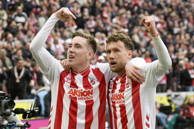 Isak Johannesson (Koeln 18) jubelt nach dem Tor zum 3:1 mit Luca Waldschmidt (Koeln 7) 12.04.2026 ¢ Fussball ¢ 1. FC Koeln vs SV Werder Bremen, Rheinenergiestadion, Koeln, DFB DFL REGULATIONS PROHIBIT ANY USE OF PHOTOGRAPHS AS IMAGE SEQUENCES AND OR QUASI-VIDEO