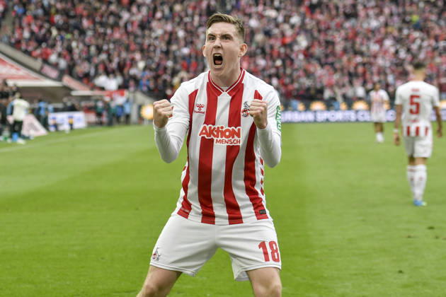 Isak Johannesson (Koeln 18) jubelt nach dem Tor zum 3:1 12.04.2026 ¢ Fussball ¢ 1. FC Koeln vs SV Werder Bremen, Rheinenergiestadion, Koeln, DFB DFL REGULATIONS PROHIBIT ANY USE OF PHOTOGRAPHS AS IMAGE SEQUENCES AND OR QUASI-VIDEO