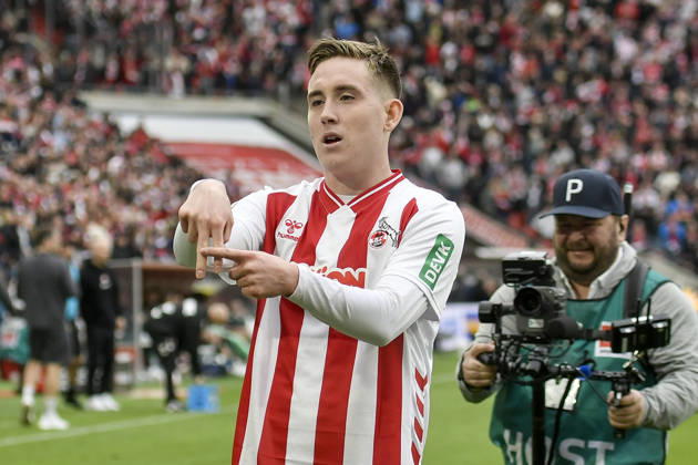 Isak Johannesson (Koeln 18) jubelt nach dem Tor zum 3:1 mit Geste 12.04.2026 ¢ Fussball ¢ 1. FC Koeln vs SV Werder Bremen, Rheinenergiestadion, Koeln, DFB DFL REGULATIONS PROHIBIT ANY USE OF PHOTOGRAPHS AS IMAGE SEQUENCES AND OR QUASI-VIDEO
