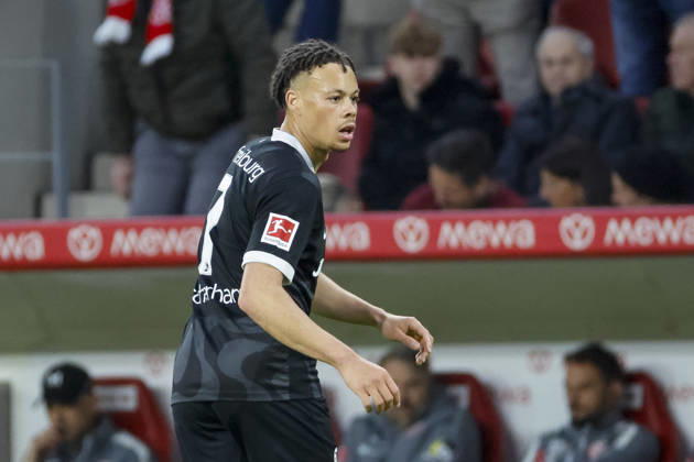 Derry Scherhant (SC Freiburg, 07) , Deutschland, Fussball, 1. Bundesliga, 29.Spieltag, 2025 2026, 1. FSV Mainz vs. SC Freiburg, 12.04.2026, Mainz Mewa Arena Deutschland Copyright: xGrantxHubbsx