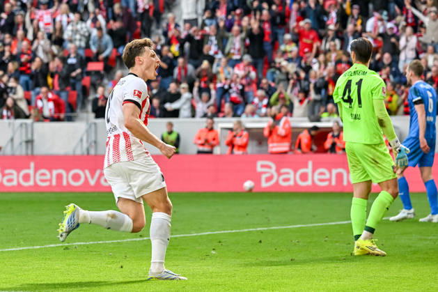Jubel zum Tor zum 2:1 durch Maximilian Eggestein (SC Freiburg, 08) GER, SC Freiburg - 1. FC Heidenheim, Fussball, Bundesliga, 30. Spieltag, Saison 2025 2026, 19.04.2026 DFL DFB REGULATIONS PROHIBIT ANY USE OF PHOTOGRAPHS AS IMAGE SEQUENCES AND OR QUASI-VIDEO GER, SC Freiburg - 1. FC Heidenheim, Fussball, Bundesliga, 30. Spieltag, Saison 2025 2026, 19.04.2026 Freiburg Copyright: xEibner-Pressefoto ThomasxHessx EP_THS