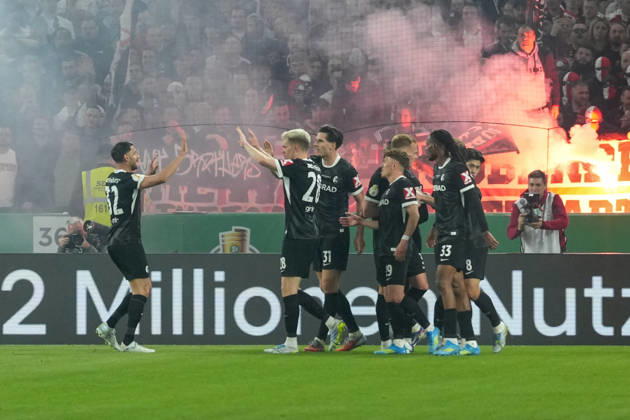 Torjubel, Emotionen, Torschuss, Abschluss, Torerfolg, Tor, Treffer , Deutschland, Fußball, Halbfinale, DFB Pokal, 2025 26, VfB Stuttgart vs. SC Freiburg, 23.04.2026, MHP Arena, Stuttgart, Deutschland Stuttgart MHP Arena Baden-Württemberg Deutschland Copyright: xArnexAmbergx