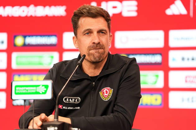 Thomas Stamm (SG Dynamo Dresden, Cheftrainer) during the post-match press conference, PK, Pressekonferenz Fortuna Duesseldorf vs SG Dynamo Dresden, 2. Bundesliga, 31. Spieltag, Saison 2025 2026, MERKUR SPIEL-ARENA, GER, 24.04.2026 DFL REGULATIONS PROHIBIT ANY USE OF PHOTOGRAPHS AS IMAGE SEQUENCES AND OR QUASI-VIDEO Foto: HMB Media Scott W. Coleman Duesseldorf MERKUR SPIEL-ARENA Nordrhein-Westfalen GER Copyright: xScottxW.xColemanx