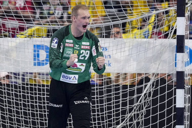 David Späth (Torwart, RNL, 29), Einzelbild, Einzelfoto, Aktion, Action, Jubel, jubeln, jubelt, celebration, Freude, freuen, freut sich, zuversichtlich, optimistisch, positiv, Spielszene, 01.05.2026, Mannheim (Deutschland), Handball, Bundesliga, Rhein-Neckar Löwen - MT Melsungen
