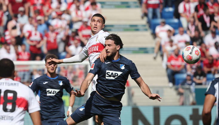 Sinsheim , Fußball Bundesliga TSG 1899 Hoffenheim vs. VfB Stuttgart , von links: Bilal El Khannouss ( VfB ) Fisnik Asllani ( Hoff )