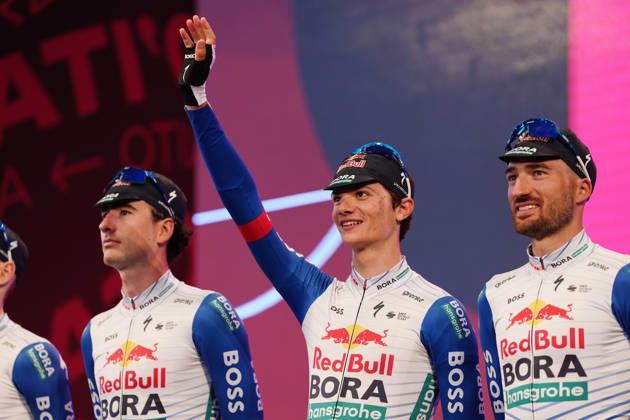 Italy™s Giulio Pellizzari of Red Bull - Bora - Hansgrohe during the teams presentation ahead of the Giro d™Italia cycling race in Burgas. The race starts on Friday, May 8, with the first stage over 160 km, from Nessebar to Burgas, Bulgaria - Wednesday, May 6, 2026. - cycling. Copyright: xMassimoxPaolonex xLaPressex