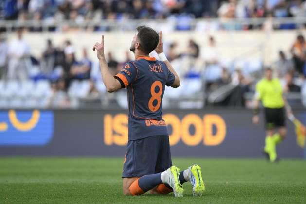 Inter Milan™s Petar Sucic celebrates after scoring the goal 0-2 during the Serie A Enilive soccer match between SS Lazio and Inter - FC Internazionale at the Rome s Olympic stadium, Italy - Saturday, May 09, 2026. - Soccer. Copyright: xFabrizioxCorradetti LaPressex