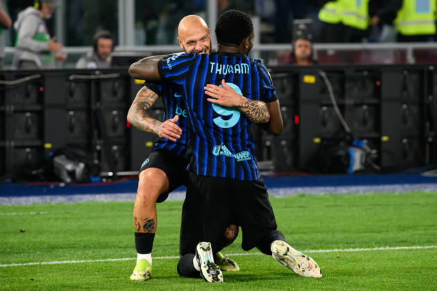 Marcus Thuram of FC Internazionale celebrates with Federico Dimarco after scoring the goal of 0-1 during the 2025 2026 Coppa Italia football final between SS Lazio and FC Internazionale at Stadio Olimpico in Rome (Italy), May 13, 2026. AndreaxStaccioli