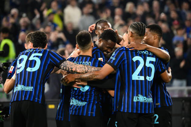 Marcus Thuram of FC Internazionale celebrates with team mates after scoring the goal of 0-1 during the 2025 2026 Coppa Italia football final between SS Lazio and FC Internazionale at Stadio Olimpico in Rome (Italy), May 13, 2026. AndreaxStaccioli