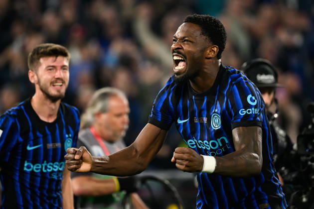 Marcus Thuram of FC Internazionale celebrates after scoring the goal of 0-1 during the 2025 2026 Coppa Italia football final between SS Lazio and FC Internazionale at Stadio Olimpico in Rome (Italy), May 13, 2026. AndreaxStaccioli