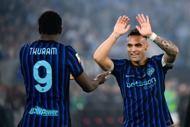 Marcus Thuram of FC Internazionale celebrates with Lautaro Martinez after scoring the goal of 0-1 during the 2025 2026 Coppa Italia football final between SS Lazio and FC Internazionale at Stadio Olimpico in Rome (Italy), May 13, 2026. AndreaxStaccioli
