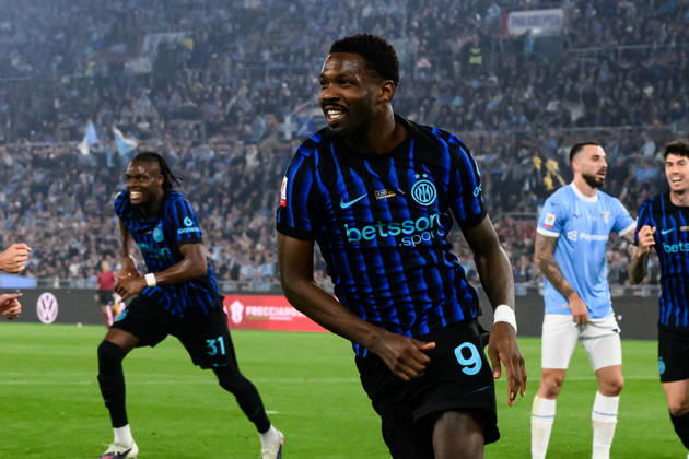 Marcus Thuram of FC Internazionale celebrates after scoring the goal of 0-1 during the 2025 2026 Coppa Italia football final between SS Lazio and FC Internazionale at Stadio Olimpico in Rome (Italy), May 13, 2026. AndreaxStaccioli