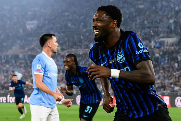 Marcus Thuram of FC Internazionale celebrates after scoring the goal of 0-1 during the 2025 2026 Coppa Italia football final between SS Lazio and FC Internazionale at Stadio Olimpico in Rome (Italy), May 13, 2026. AndreaxStaccioli