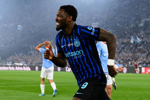 Marcus Thuram of FC Internazionale celebrates after scoring the goal of 0-1 during the 2025 2026 Coppa Italia football final between SS Lazio and FC Internazionale at Stadio Olimpico in Rome (Italy), May 13, 2026. AndreaxStaccioli