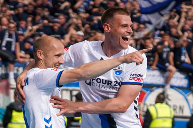 Deutschland: Fußball 2. Liga 2025 2026, 34. Spieltag - SV Darmstadt 98 vs SC Paderborn 07 Merck-Stadion am Böllenfalltor (Darmstadt): Sven Michel (SCP, 11) Tor und Torjubel zum 0:2 für SC Paderborn 07 mit Steffen Tigges (SCP, 27) Copyright: xTobiasxWentzellx