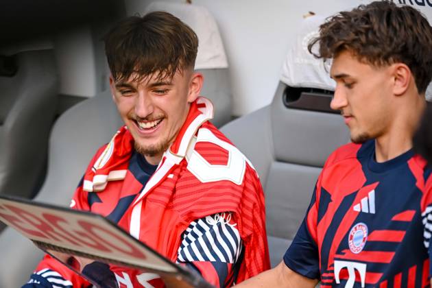 Lennart Karl (FC Bayern München) and Tom Bischof (FC Bayern München) Looks on during the DFB Cup Final 2026 match between FC Bayern München and VfB Stuttgart at Olympiastadion on May 23, 2026 in Berlin, Germany. (Photo by Harry Langer DeFodi Images) -