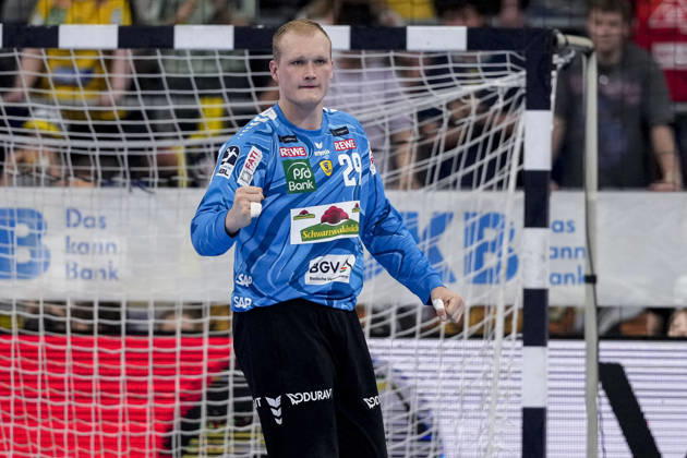 David Späth (Torwart, RNL, 29), Einzelbild, Einzelfoto, Aktion, Action, Jubel, jubeln, jubelt, celebration, Freude, freuen, freut sich, zuversichtlich, optimistisch, positiv, Spielszene, 24.05.2026, Mannheim (Deutschland), Handball, Bundesliga, Rhein-Neckar Löwen - SC Magdeburg