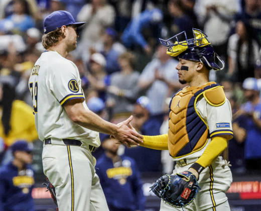Milwaukee Brewers closing pitcher Trevor Megill (L) celebrates with Milwaukee Brewers catcher William Contreras (R) after the final out in the ninth inning of the MLB, Baseball Herren, USA game between the San Francisco Giants and the Milwaukee Brewers at American Family Field in Milwaukee, Wisconsin on Tuesday, June 2, 2026. The Brewers defeated the Giants 8-3. MIL20260602840 TANNENxMAURY