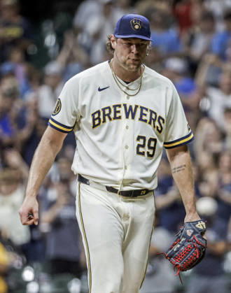 Milwaukee Brewers closing pitcher Trevor Megill reacts after the final out in the ninth inning of the MLB, Baseball Herren, USA game between the Cincinnati Reds and the Milwaukee Brewers at American Family Field in Milwaukee, Wisconsin on Wednesday, July 1, 2026. The Brewers defeated the Reds 4-2. MIL20260701831 TANNENxMAURY